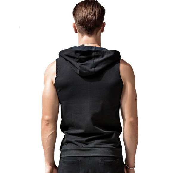 Men's Sleeveless Zipper Hoodie Hooded Workout Gym Sport Vest Tank Top - Picture 4 of 5
